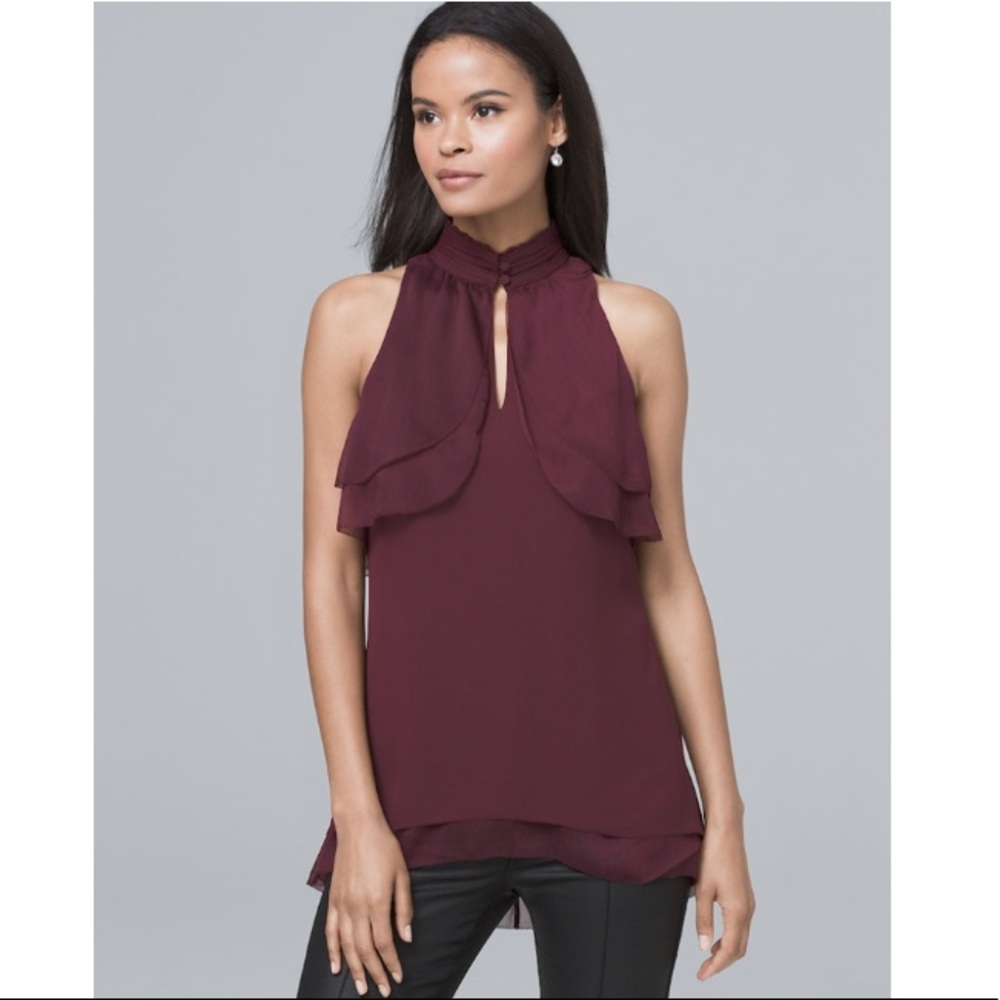 White House Black Market Burgundy Ruffle Halter Blouse